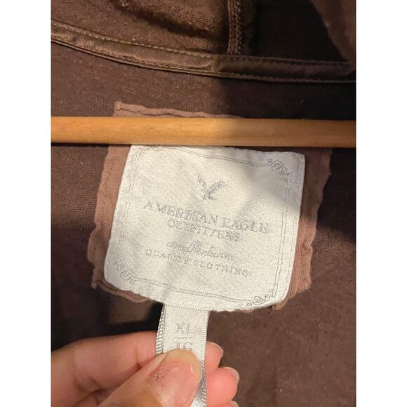 American Eagle Outfitters Hooded T Shirt Womens XL Brown Long Sleeve Y2K FLAW - Picture 2 of 9